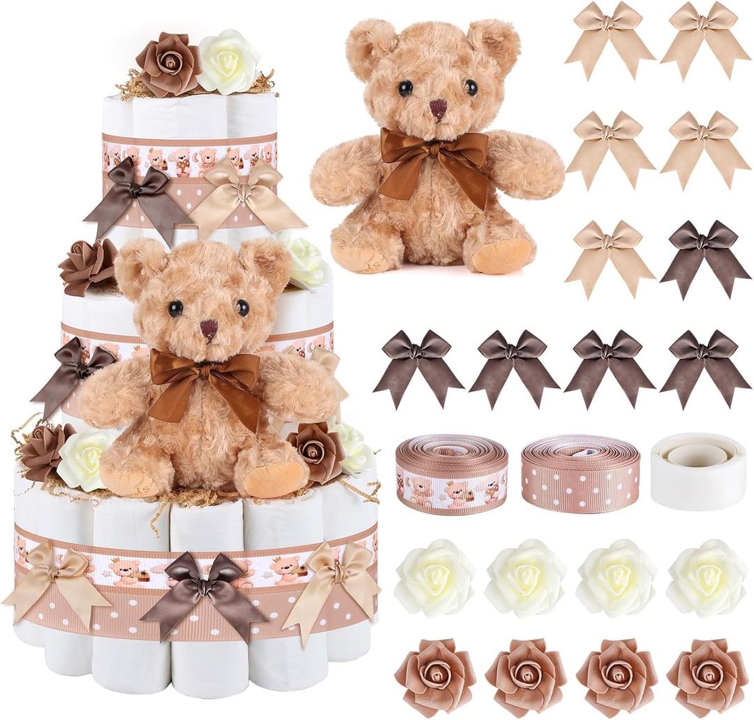 23 Pcs Diaper Cake Kit Baby Shower Bear Diaper Cake Decorations Baby Shower Diaper Cake Supplies Teddy Bear Diaper Cake Set for Birthday Party Supplies Table Centerpiece Decoration (Bear, Large)