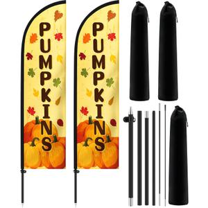 Tioncy 2 Set Pumpkins Feather Flag Kit 7 Ft Pumpkin Swooper Flag Kit for Business Fall Banner Sign with Flagpole and Ground Spike for Advertising Outdoor Decorations
