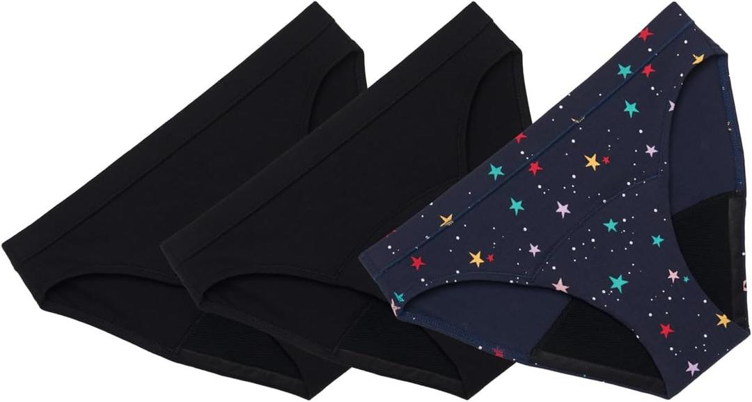 THINX Teens Period Underwear, Bikini-Style Period Panties for Teens, Holds Up to 12 Regular Tampons*, FSA HSA Approved Period Panties, Leakproof & Reusable, (2) Black + (1) Lucky Stars, Size 9/10