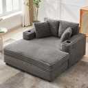 GarveeHome 60-inch Oversized Chaise Lounge Chair Indoor, Comfy Corduroy Lounge Sofa with Charging Station, Cup Holders & Throw Pillows, Cozy Sleeper Couch for Living Room Apartments, Grey