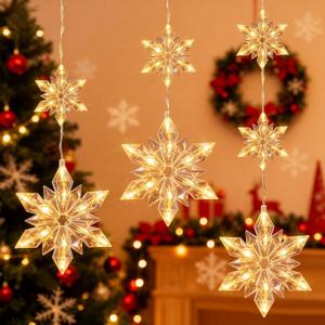 5.3FT Christmas Snowflake Lights w/ 60 LED, 8 Modes Strings Connectable Battery Powered Xmas Icicle Lights w/ 3 Big Snowflake Drops for Indoor Outdoor Xmas Decor, Party, Wedding, Warm White