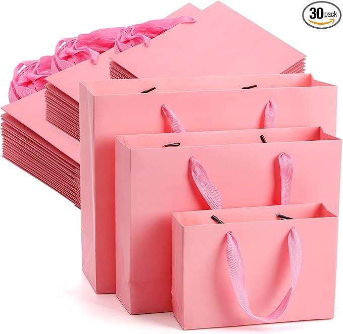Lyellfe 10 Pack Pink Gift Bags, Heavy Duty Kraft Paper Bag with Handle Bulk, Recycled Water-proof Shopping Bags, Assoorted Merchandise Retail Bags for Birthday, Wedding, Party, S, M, L
