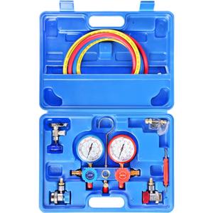 JIFETOR 3 Way AC Manifold Gauge Set, HVAC Diagnostic Refrigerant Charging Tool for Auto Household R134A R404A R410A Refrigerant, 5FT Hose Adjustable Quick Coupler Can Tap R410A Adapter (Blue Manifold)