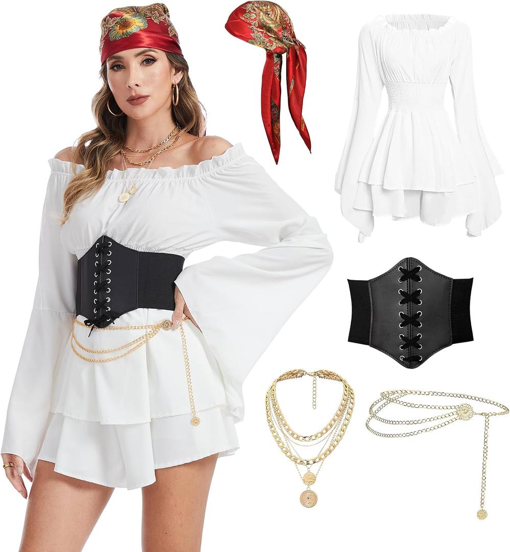 DARFULA Pirate Costume Women Dress White Pirate Dress with Corset Necklace Bandana Headscarf Accessories