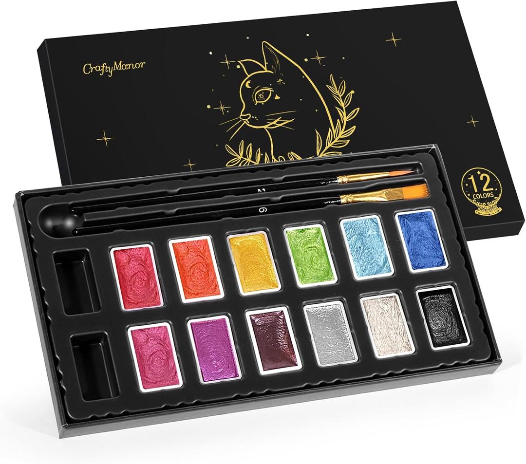 3 x CraftyManor Mini Glitter Watercolor Paint Set with Paper, 12 Colors Shimmer Metallic Watercolour Painting Sets, Solid Pearl Water Color Paints for Adult(3ml 12 Colors)