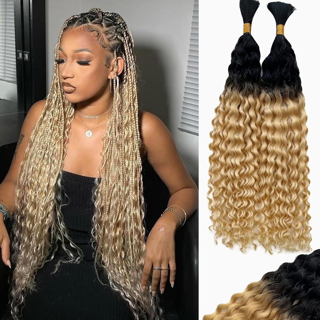 Belaved Human Braiding Hair for Boho Braids Ombre Black Mix Bleach Blonde Water Wave Bulk 100g Human Hair Extensions Brazilian Virgin Curly Knotless10A Micro 2 Bundles 24 Inch 1B613