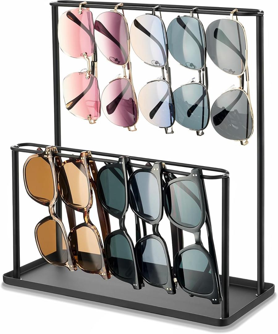 Sunglasses Organizer Glasses Holder Stand with Tray, Eye Glasses Display, 2 Tier Sunglass Storage Rack for Multiple Glasses, for Desk, Nightstand, Dresser, Vanity, Metal, Black
