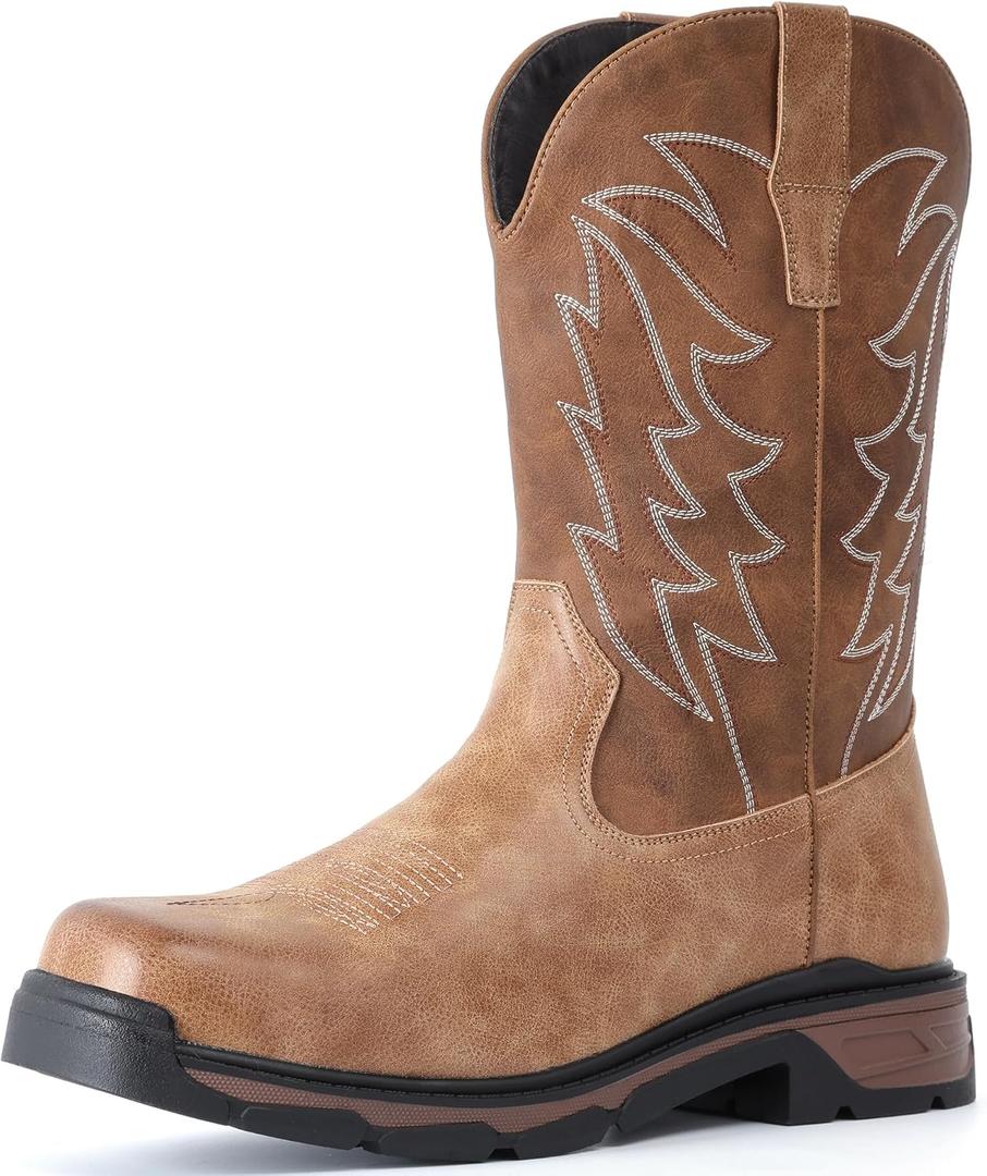 ANGRYRAM Cowboy Work Boots for Men Square Toe Leather Western Boot Slip Resistant Indestructable Steel Toe Safety Boots for Men Work-Man Pro Series, 10.5