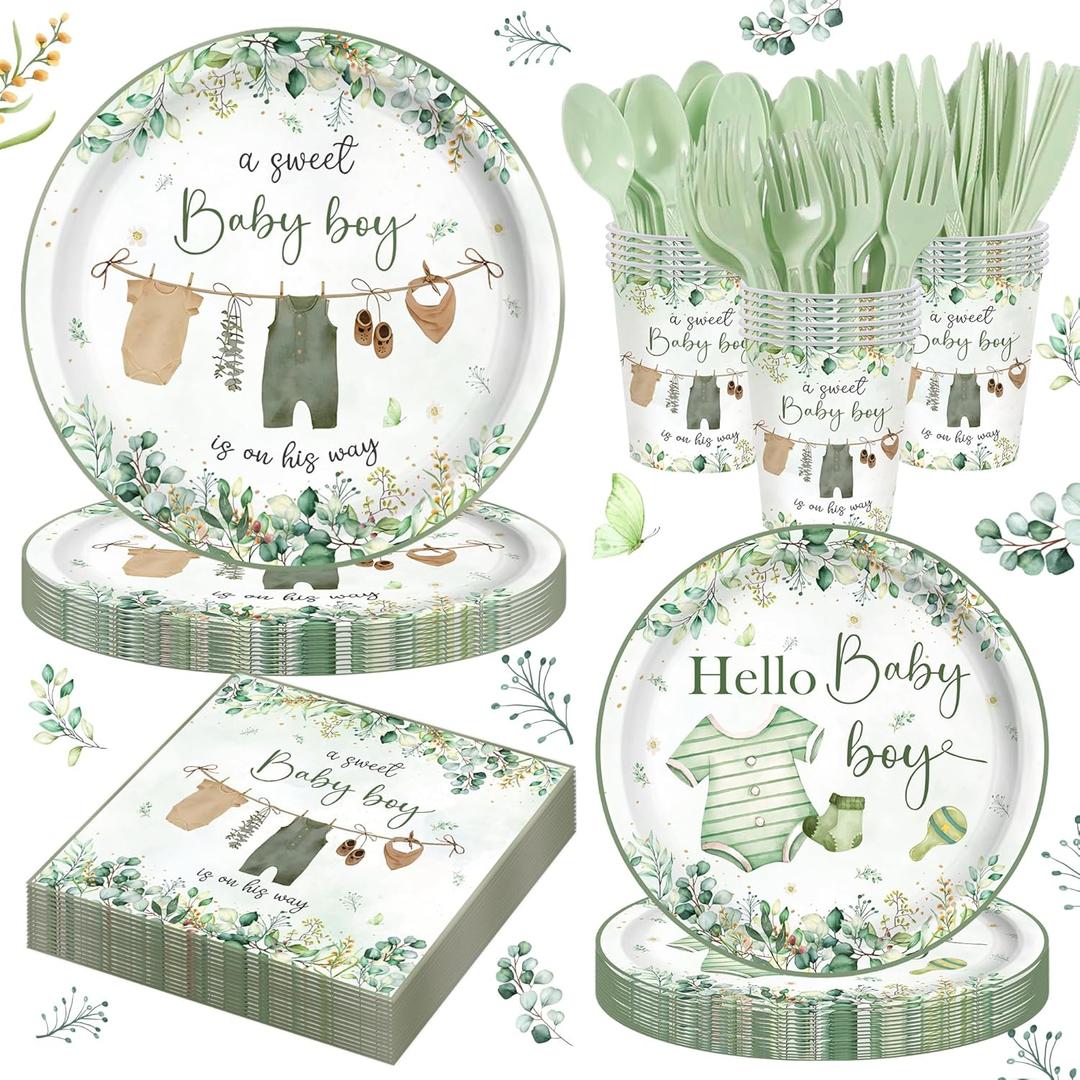 140PCS Greenery Baby Boy Shower Decorations Tableware Set, Boho Greency Party Decorations Tableware Set Dessert Plates Napkins Forks for 20 Guests