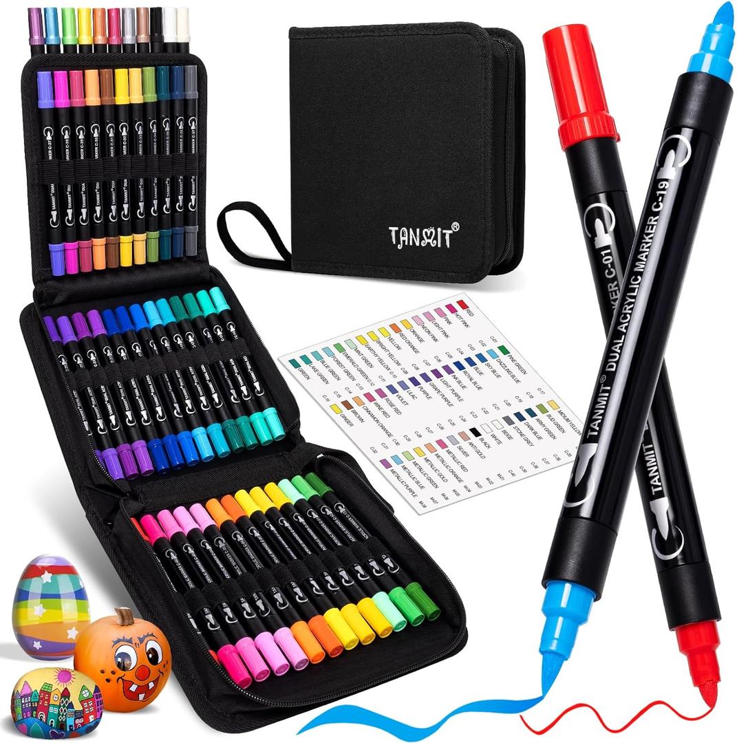 TANMIT 48 Colors Acrylic Paint Pens, Dual Tip Acrylic Paint Markers with Brush Tip and Fine Tip, Acrylic Pens for Rock Painting, Wood, Canvas, Stone, Glass, Ceramic,DIY Crafts Making Art Supplies