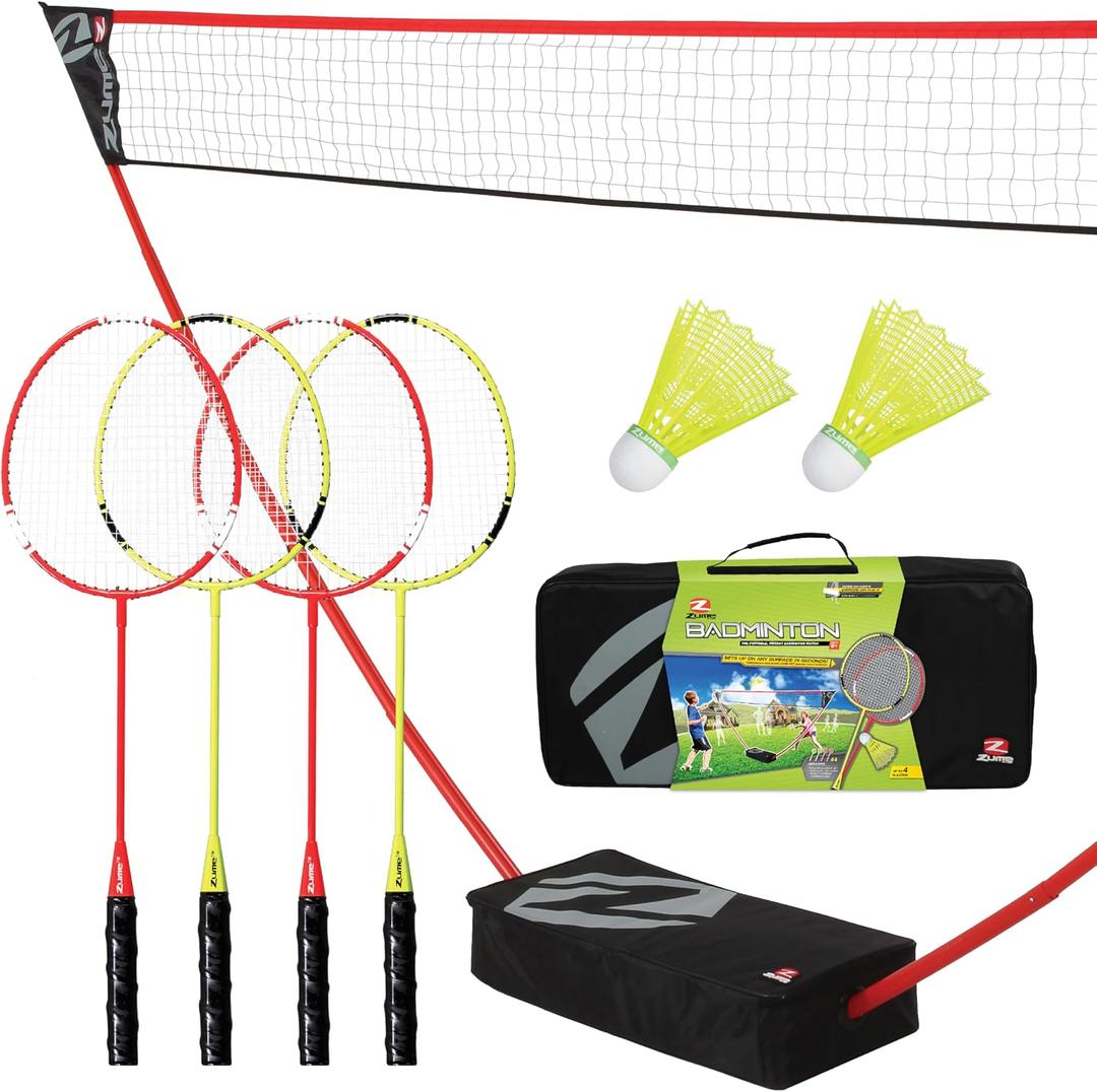 Zume Games Portable Badminton Set with Freestanding Base - Sets Up on Any Surface in Seconds - No Tools or Stakes Required