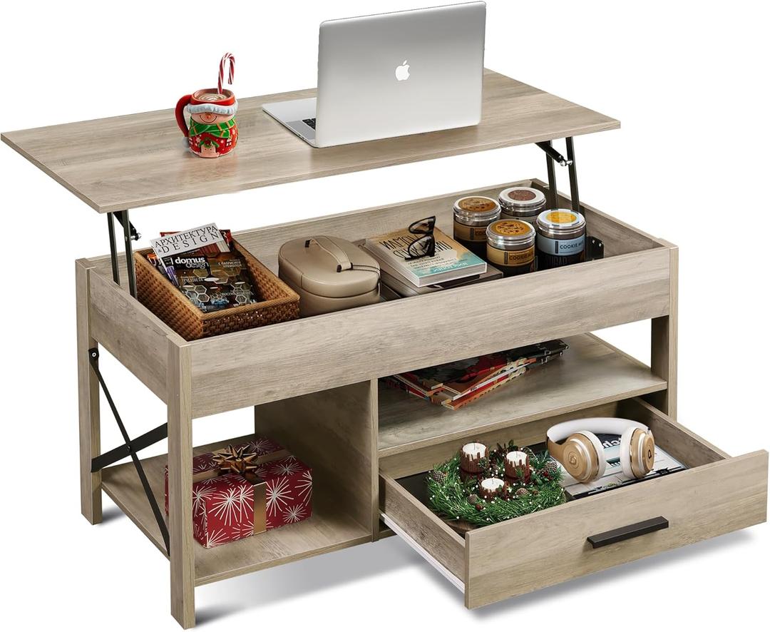 WLIVE Coffee Table, 39" Lift Top Coffee Table with Hidden Compartment, Storage Drawers and Storage Shelf for Living Room, Reception Room, Grey