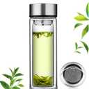 Glass Tea Infuser Bottle Tea Flood Cup 12oz/350ml, Double Wall Borosilicate Portable Travel Tumbler Mug Leakproof for Loose Leaf Flower Herbal Tea Bags