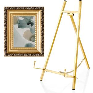 Gold Metal Easel Stand, 16.5" H x 8.7" W x 4.3" D Tabletop Easel Stand Holder Art Picture Tripod Mirror Modern Plate Holder for Display Book Photo Wedding Sign