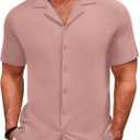 COOFANDY Men's Casual Shirts Short Sleeve Button Down Shirts Wrinkle Free Summer Shirt (Large, Pink)