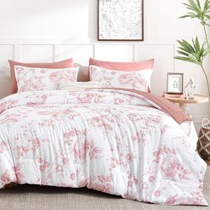 Luxudecor Floral King Comforter Set 7 Pieces Bed in a Bag, Pink Rose Romantic Flower Bed Set, Soft Reversible Comforter with Sheet Set 104"x90"