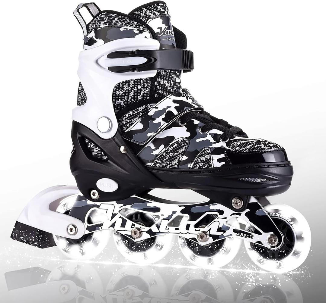 Kuxuan Boys Adjustable Inline Skates with Light up Wheels, Fun Illuminating Skates for Kids Girls Youth (Small(Kids 10-11 US), Black Came)