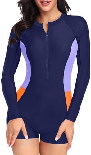 Daci Women Long Sleeve Rash Guard One Piece Boyleg Swimsuit Zipper Surfing Bathing Suit UPF 50+