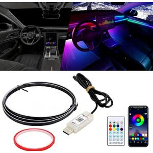 Interior Car Ambient Lighting Kit, 43.3 Inches RGB USB LED Ultrathin Acrylic Strip Lights Neon Accessories for Cars Truck SUV Center Console Dashboard with APP&Remote Control