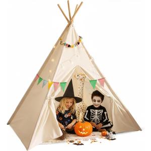 PLAYVIBE Teepee Tent for Kids - Castle Theme Indoor & Outdoor Playhouse with LED Star Lights - Halloween Party Tent, Cozy Fall Decor & Toddler Toy Fort