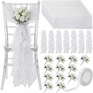 Moukeren 12 Packs Wedding Chair Sashes Aisle Decoration Church Pew Decorations for Wedding Tulle Tutu Chair Covers with Artificial Flowers Ribbon for Ceremony Bridal Party Baby Shower Banquet(White)