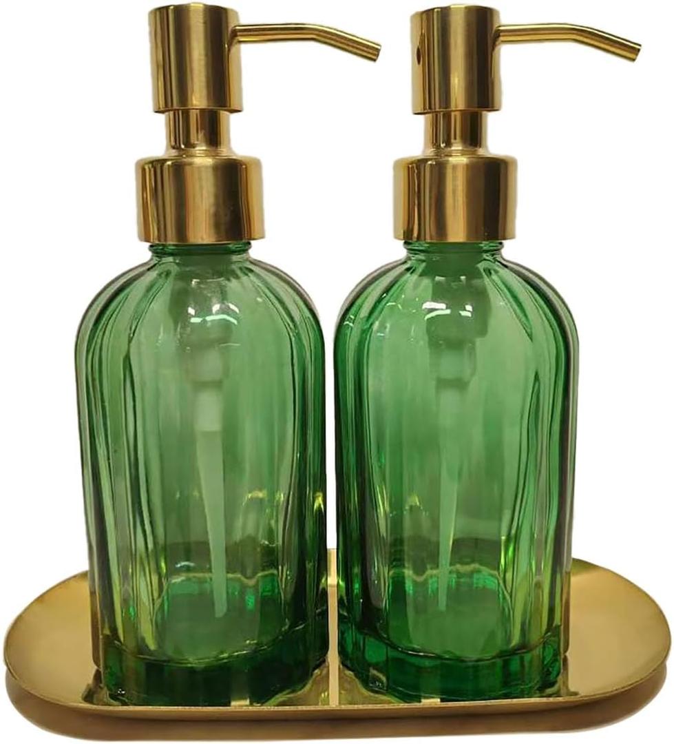 2PCS Soap Dispenser Set with Stainless Steel Tray, Thickened High-Gloss Green Glass Bottle and Gold Stainless Steel Pump for Bathroom Kitchenblue soap Dispenser and Gift.