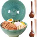 NUTRIUPS 8 Inch Ceramic Ramen Bowl Set of 2 Pho Bowls 40oz Japanese Noodle Udon Soup Bowls with Spoons and Chopsticks (Ice Crack Green)