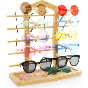 Bamboo Glasses Display Holder, 10-Pair Tabletop Sunglasses Rack Stand, Eyewear Riser Organizer with Storage Base, Countertop Eyeglasses Collection Showcase for Home, Glasses Shop Display