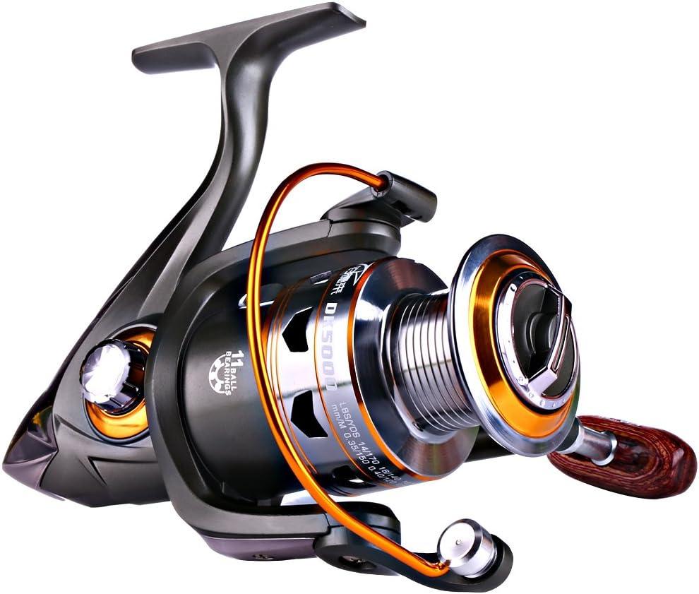 Sougayilang Spinning Fishing Reels with Left/Right Interchangeable Collapsible Wood Handle Powerful Metal Body 5.2:1/5.1:1 Gear Ratio Smooth 11BB for Inshore Boat Rock Freshwater Saltwater Fishing