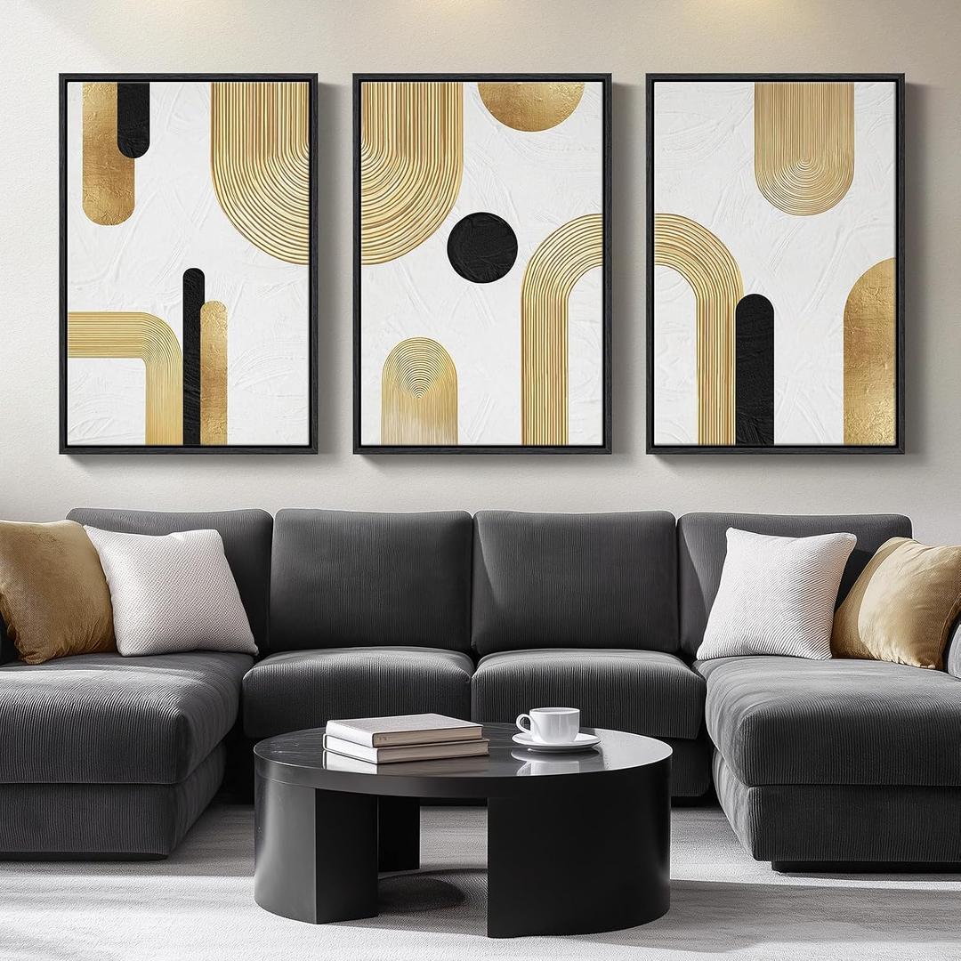 Large Framed Gold Abstract Geometric Wall Art for LIving Room, 3 Piece Modern Canvas Prints Paintings Artwork for Walls, Minimalist Black White Gold Pictures for Hallway Office Wall Decor 24x36 Inch