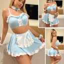 Avidlove Lingerie Set for Women Ruffle French Maid Outfit with Headpiece Halloween Cosplay Lingerie Set 6 Pack Maid Costume (Blue, S)