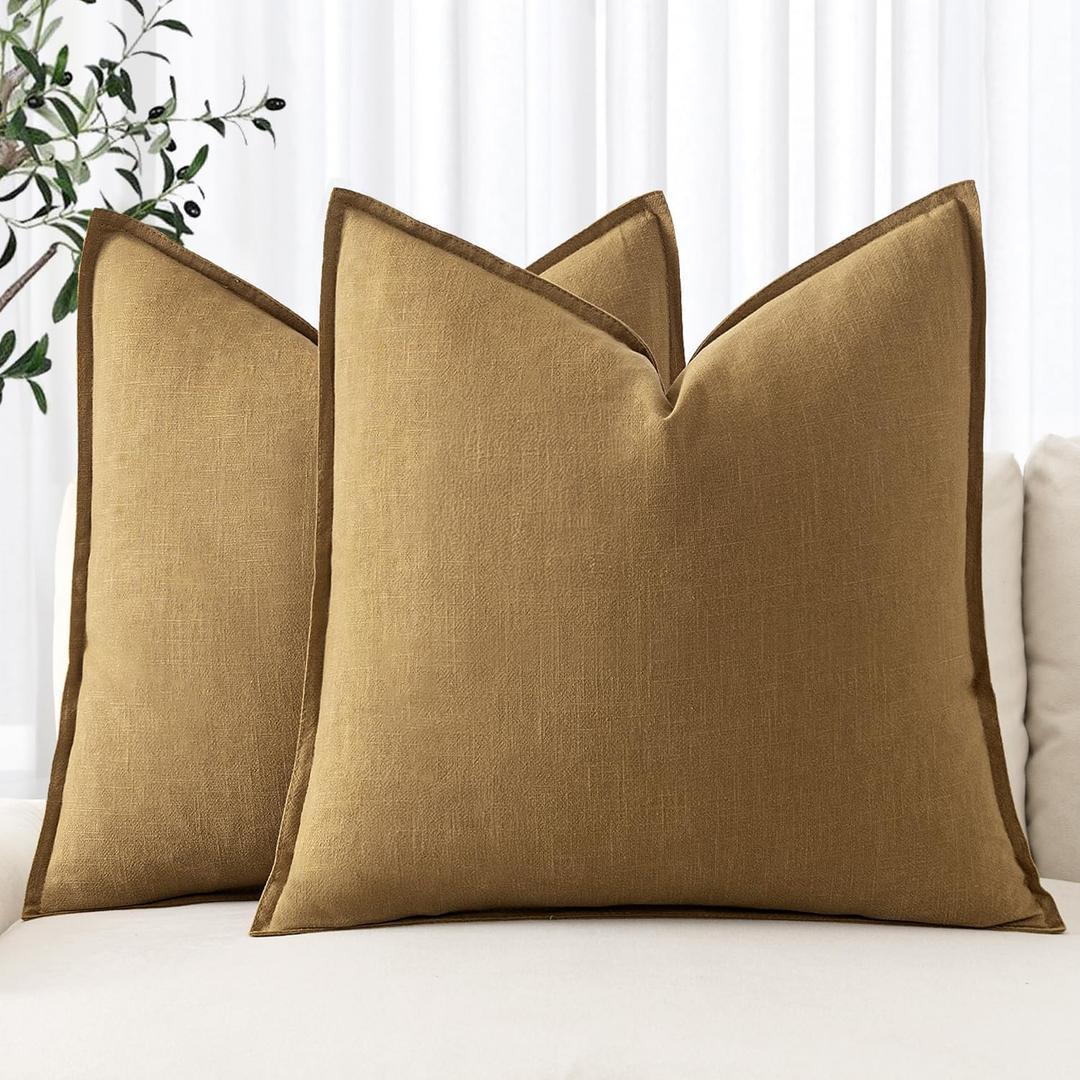 MIULEE Decorative Linen Pillow Covers 18x18 Inch Mustard Yellow Boho Farmhouse Neutral Couch Throw Pillows for Bed Pack of 2 Accent Modern Pillowcase Summer Sofa Livingroom Home Decor