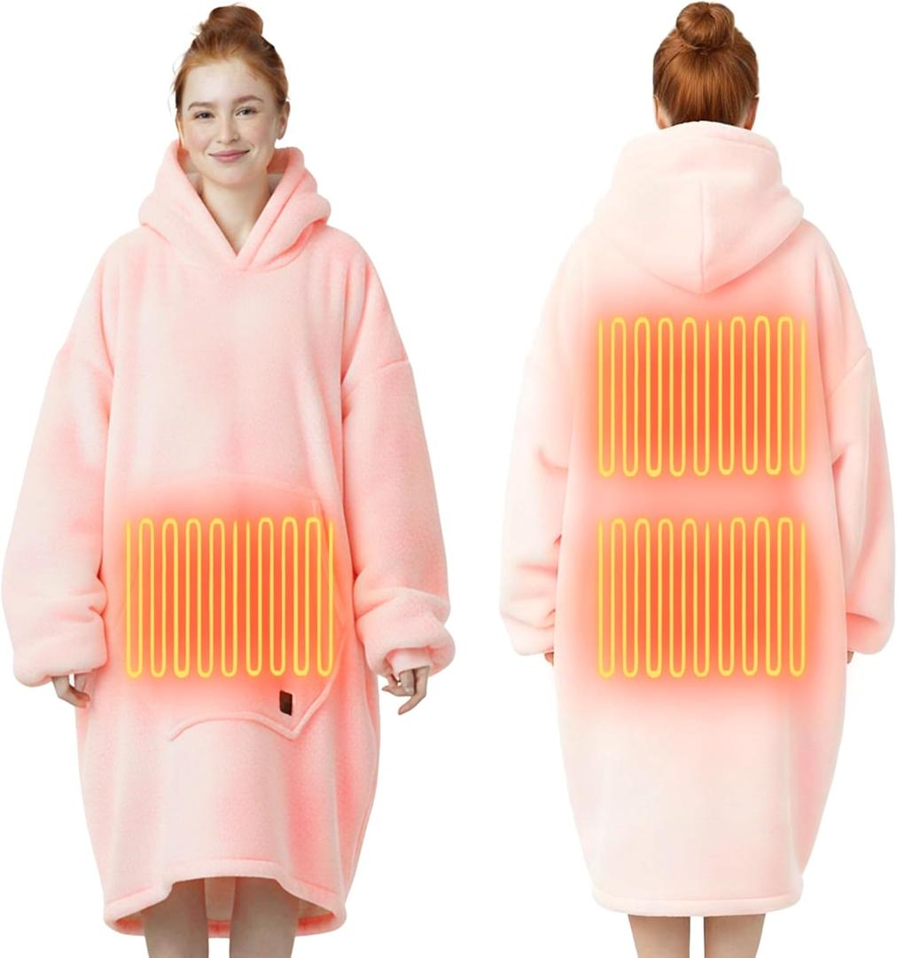 Pink Wearable Heated Blanket Hoodie, Flannel & Sherpa USB Heated Hooded Blanket, Oversized Hoodie Sweatshirt with Pocket, 3 Heating Levels for Her Mom Women Christmas Birthday Gifts, No Battery Bank