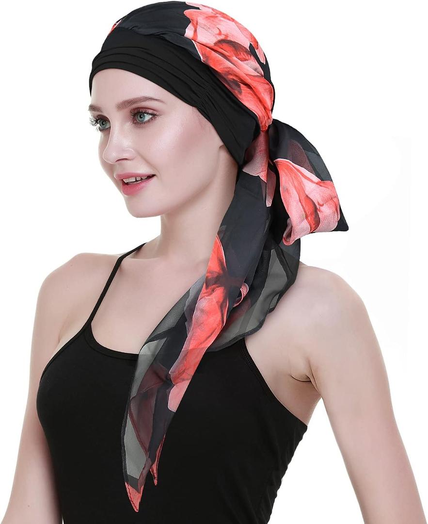 Chemo Headwear Turbans for Women Long Hair Head Scarf Headwraps Cancer Hats (Dark Red Black)