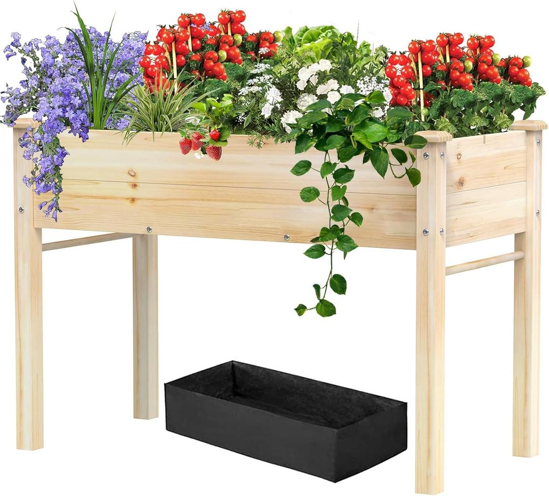 48x24x31IN Elevated Wooden Raised Garden Bed with Legs, Reinforced Large Planter Box for Vegetable Flower Herb Outdoor, Standing Growing Bed forGardening/Backyard/Patio/Balcony, Liner Included
