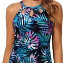 Tempt Me High Neck Tankini Top Backless Bathing Suit for Women Key Hole Swimsuit Swim Top Only (Blue, L)