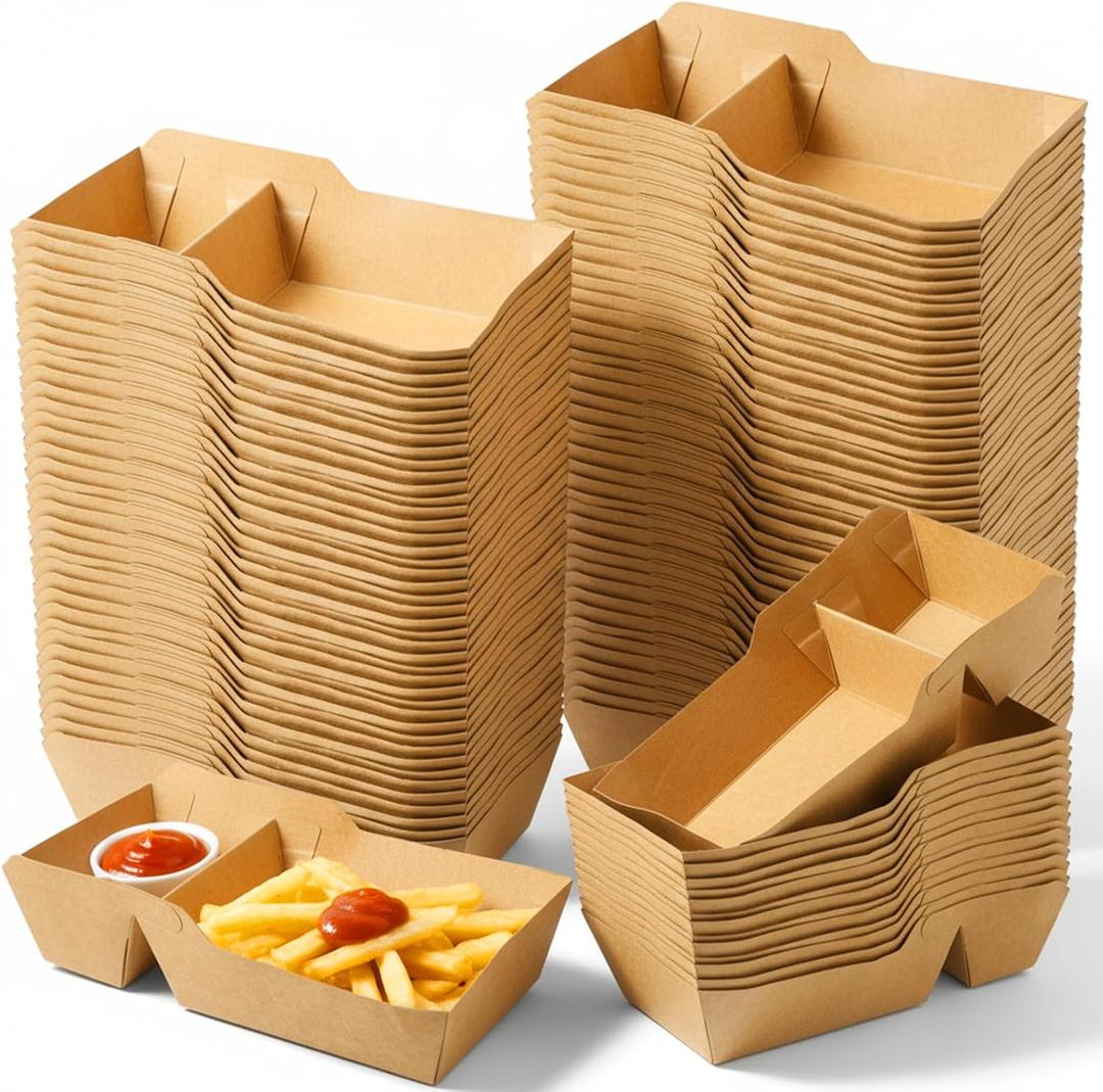 150 Pcs Disposable Nacho Boat Trays 2 Compartment Paper Food Snack Holder Containers Grease Resistant Heavy Duty Food Trays for Party, Concession Stands, and Movie Nights