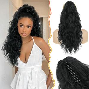 BARSDAR Black Ponytail Extension -18 Inch Claw Clip Ponytail Hair Extensions for Women, Curly Wavy Multi Layered Clip in Ponytail Hairpieces Synthetic Fake Pony Tails Daily Party, Natural Black