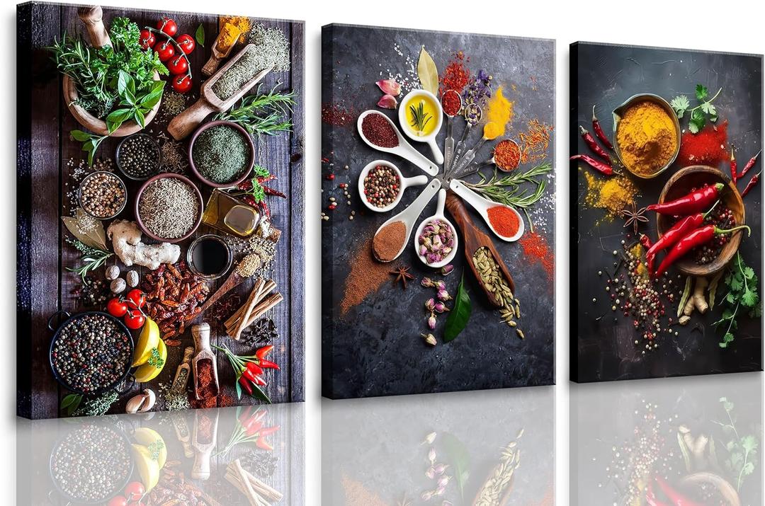 Modern Kitchen Wall Art Colorful Spice In Spoon Wall Decor Vintage Dining Room Posters Pictures Food Canvas Prints Vegetables Chili Paintings Home Decoration Gift Framed (16"L x 24"W)