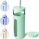 BOTTLE BOTTLE Glass Tumbler with Straw and Lid, 20 oz Glass Water Bottles, Reusable Iced Coffee tumbler, Smoothie Cup, Wide Mouth Cup with Silicone Sleeve, BPA FREE (Green)