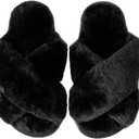 Enteer Girls Fluffy Slippers Memory Foam Soft Plush Cross Band House Shoes Indoor Outdoor Slip On (Black)