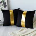 Artscope Black Velvet Throw Pillow Covers with Gold Leather Stitching Luxury Modern Minimalist Square Pillowcase Cushion Covers for Bed Couch Sofa 20x20 Inch Set of 2