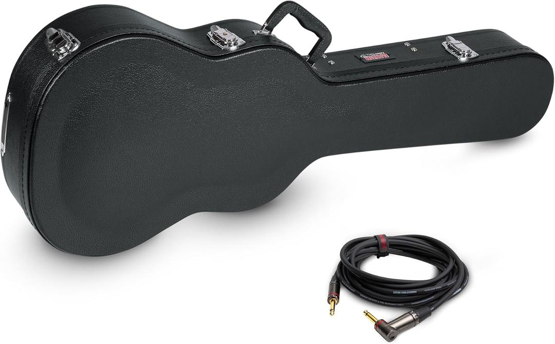 Gator Cases Hard-Shell Wood Case for Gibson Les Paul Guitars (GWE-LPS-BLK) + Cableworks Headliner Series Premium 10 Foot Straight to Right Angle Quiet Instrument Cable; (GCWH-INS-10RAQT) Bundle