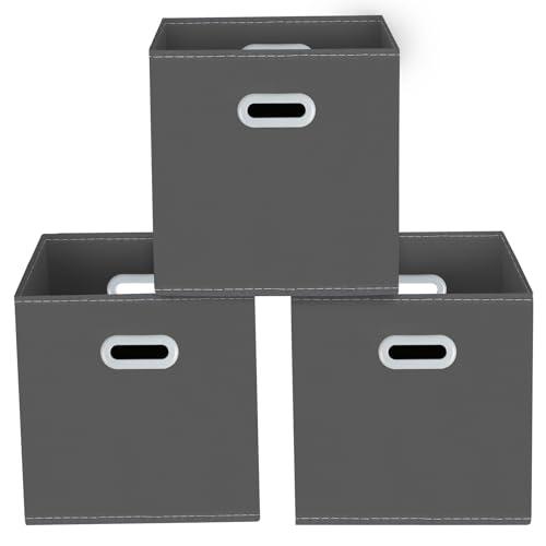 Yunkeeeper storage bins Cubes, Fabric Cube Organizer with Handle, Foldable Cube Bins for Cloth or Accessary Storage, 11x11x11, Set of 3,(Gray)