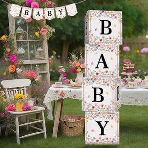 Wildflower Baby Shower Decorations - 4 Pcs in Bloom Thickened Cardstock Blocks With Letters, Banner, Clear Stickers for Girls Party Decor