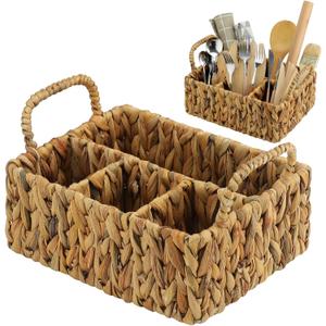 Glenmal Wicker Flatware Storage Basket Utensil Caddy Hand Woven Divided Cutlery Holder Kitchen Utensil Organizer Water Hyacinth Silverware Organizer with Handle for Countertop Party (Rectangular)