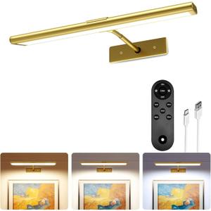 EZVALO Picture Light for Wall, 4800mAh Rechargeable Wireless Remote, 13in Dimmable Magnetic LED Art Display Light with 3 Color Temperatures, for Gallery, Living Room, Bedroom, Hallway (Gold)