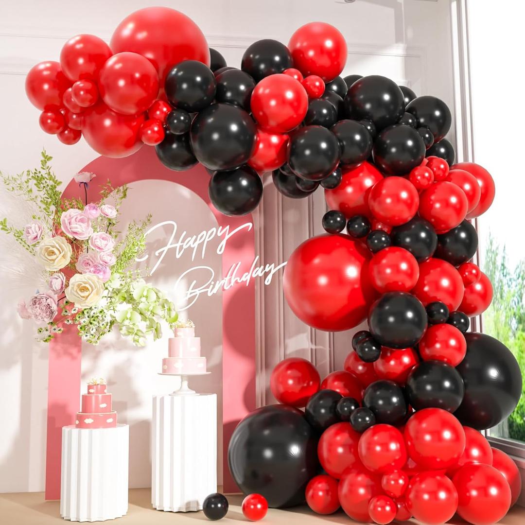 110pcs Red and Black Balloons Garland Arch Kit, 18/12/10/5 Inch Black Red Latex Balloons for Casino Poker Night, Graduation, New Year Eve, Wedding Party Decoration