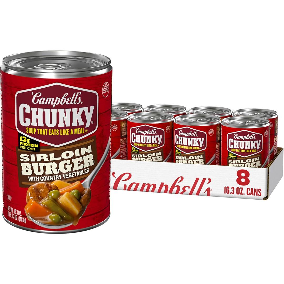 Campbells Chunky Soup, Sirloin Burger With Country Vegetable Beef Soup, 16.3 oz Can (Case of 8) BB Date 29 Oct 2027