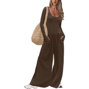 UNIANKIYA One Piece Jumpsuits for Women Casual Long Sleeve Overalls Dressy Rompers Wide Leg Pants Jumpers Vacation Outfits (Brown, S)